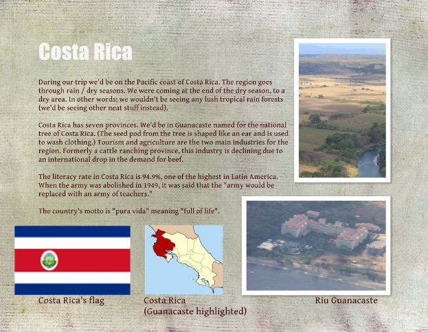 Ein Plakat mit der Aufschrift "Costa Rica" sowie Bildern von Orten, Karten und der Flagge des Landes.