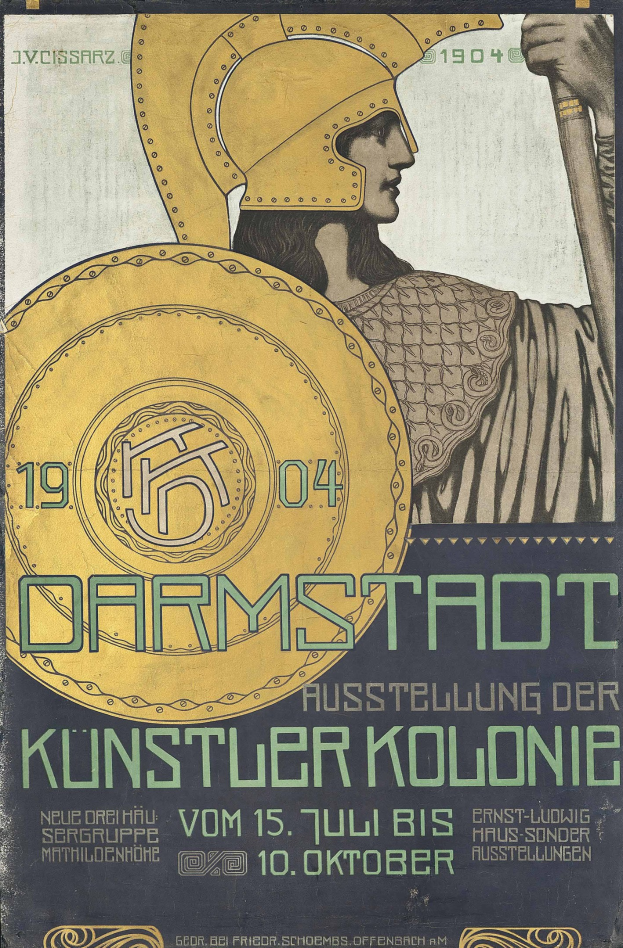 Plakat für ein 1904er Berlin-Konzert mit einem Helmträger, der ein Schild hält, und der Aufschrift «Darmstadt» und «Künstler Kolonie».