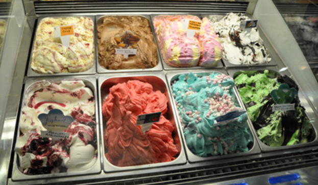 Tabletts mit verschiedenen Eissorten, jedes mit einer beschrifteten Namensschilder.