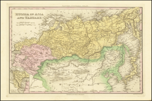 Ein gerahmtes Plakat, das eine Karte von Russland in Asien und Taiwan zeigt, mit Text oben und unten.