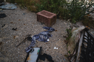 Ein Haufen Müll, einschließlich einer Plastikbox und Kleidung, liegt auf dem Boden neben einem Zaun auf einer Mülldeponie, mit Pflanzen und Gras im Hintergrund.