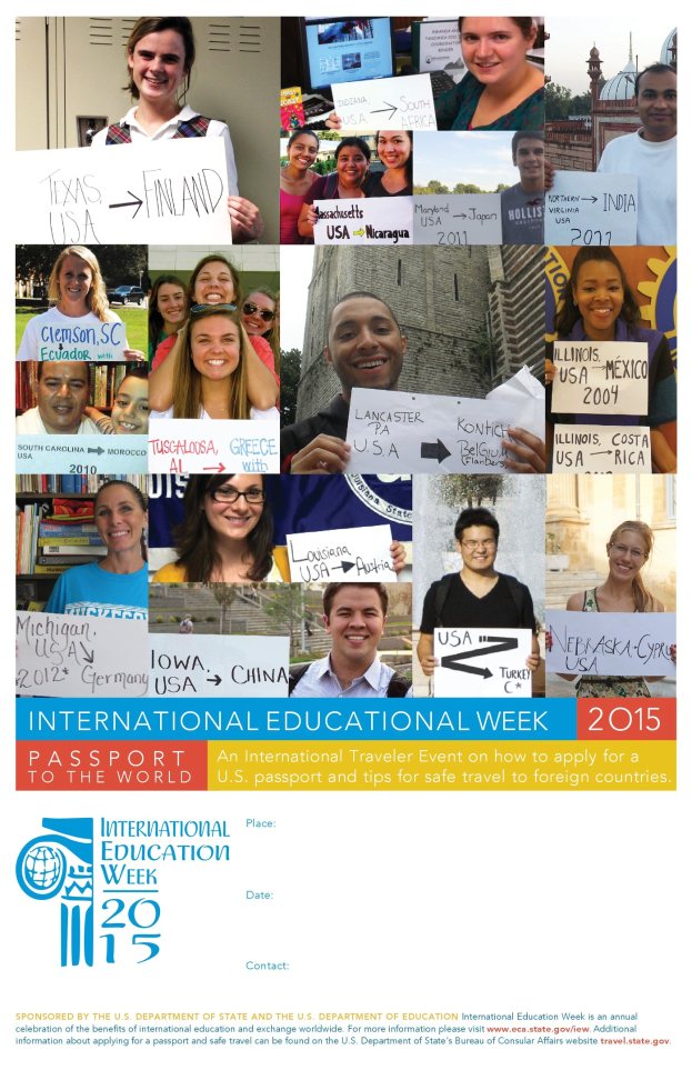 Internationaler Bildungswoche 2015 Plakat mit einer Gruppe von Menschen mit Schildern mit textbezogenen Inhalten.