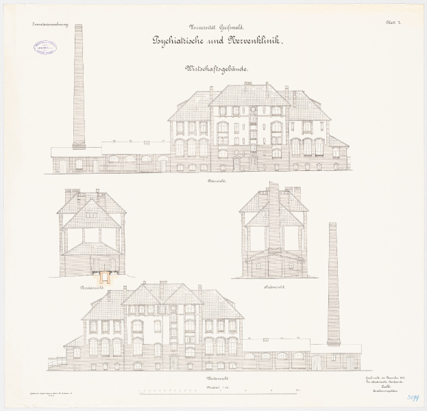 Eine Zeichnung eines mehrstöckigen Gebäudes mit zahlreichen Fenstern und einem Schornstein, das als psychiatrische Klinik in Deutschland identifiziert wird, begleitet von Text auf dem Papier.