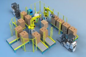 Eine Gruppe automatisierter Roboter, die auf Förderbändern in einem Lager arbeiten, umgeben von Kartons und Fahrzeugen auf dem Boden.