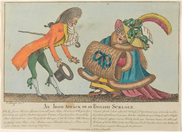 Ein Mann und eine Frau stehen nebeneinander, der Mann hält einen Hut, mit Text unten: "Ein irischer Angriff auf einen englischen Chirurgen."