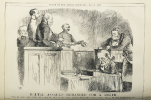 Eine Zeichnung einer Gruppe von Menschen, die um einen Tisch sitzen und Bücher und andere Gegenstände haben, und ein Text unten, der "brutaler Angriff - vorläufig festgenommen" liest.