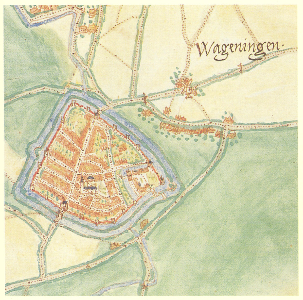 Detailierte Stadtplan-Poster von Wageningen, Deutschland, mit Straßen, Gebäuden und Sehenswürdigkeiten mit beschrifteten Text.