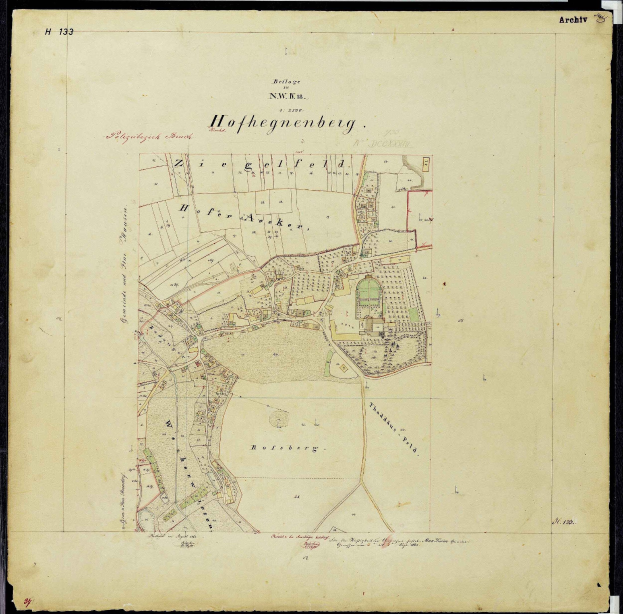 Schwarze-weiß-Karte von Hofhegenberg, Deutschland, mit schwarzem Rand, zeigt Straßen, Gebäude und Sehenswürdigkeiten.