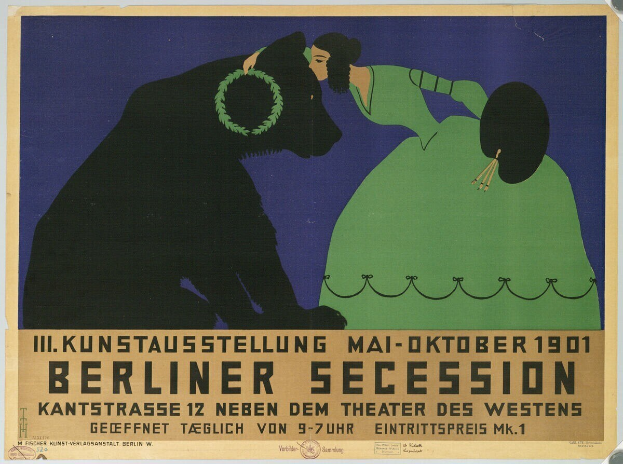 Plakat der Berliner Secession mit einer Frau in grünem Kleid und einem Mann im schwarzen Anzug, mit Text zur Beschreibung des Ereignisses.