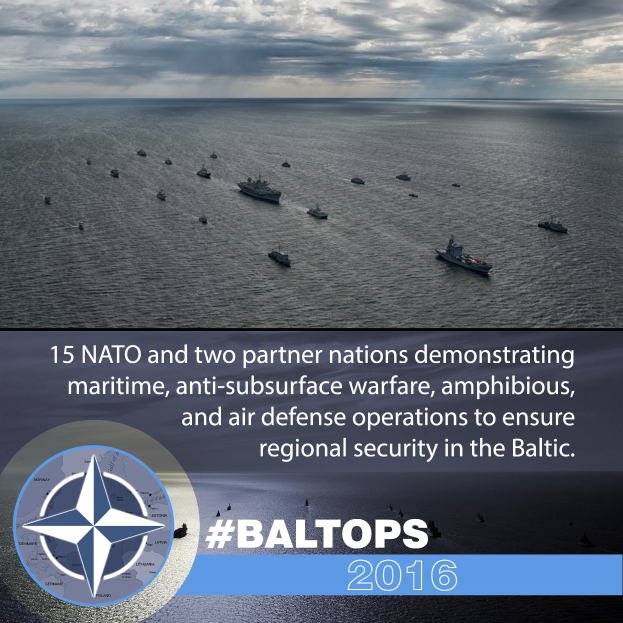 Gruppe von Schiffen auf dem Wasser mit bewölktem Himmel, mit Text und Logo über NATO-Marinemissionen in der Ostsee.