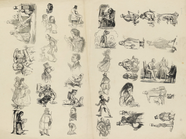 Ein aufgeschlagenes Buch mit detaillierten, realistischen Zeichnungen von Menschen verschiedenen Alters, Geschlechts und Ethnien in verschiedenen Aktivitäten.