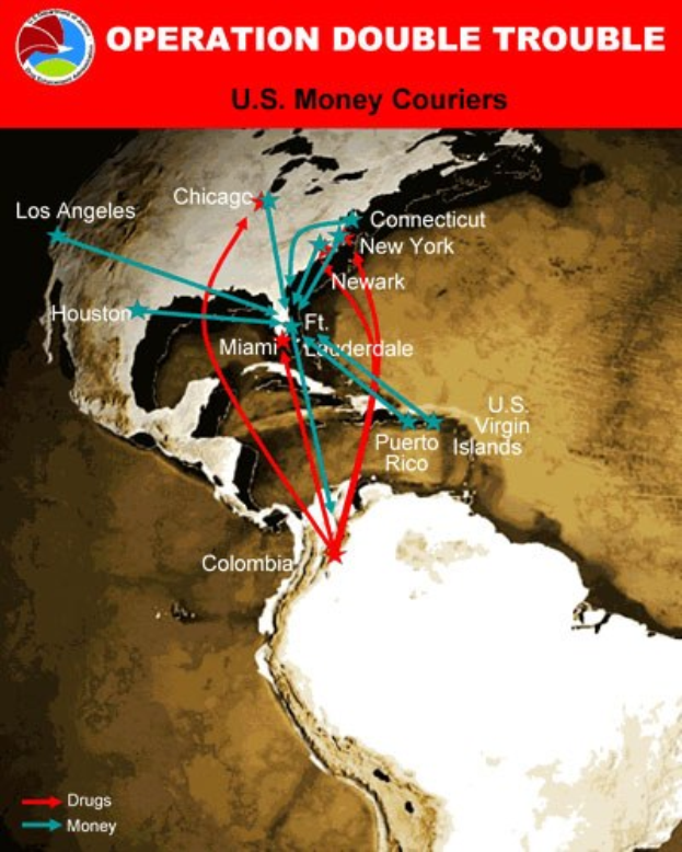 Plakat mit der Aufschrift "Operation Double Trouble: US-Geldkurier" mit einer Karte der USA, die in zwei Abschnitte unterteilt ist: einer zeigt die Route der US-Geldkurier und der andere zeigt die Standorte der Geldtransporteure.