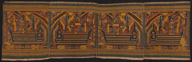 Schwarzer Textilstoff mit einem komplexen gelben und roten Muster mit verschiedenen Formen und Farben.