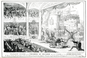 Eine Schwarz-Weiß-Zeichnung einer vollen TheaterSzene mit Menschen, die stehen, sitzen und auf dem Boden liegen, und einer Person auf der rechten Seite, die ein Schild hält, auf dem "Die letzte Szene des Triumphs der Reform oder der Fall der Boro Mongers" steht.