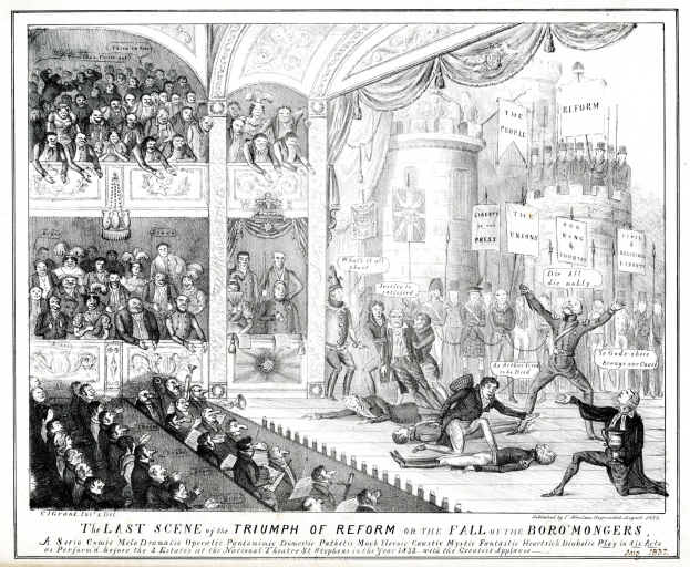 Eine Schwarz-Weiß-Zeichnung einer vollen TheaterSzene mit Menschen, die stehen, sitzen und auf dem Boden liegen, und einer Person auf der rechten Seite, die ein Schild hält, auf dem "Die letzte Szene des Triumphs der Reform oder der Fall der Boro Mongers" steht.