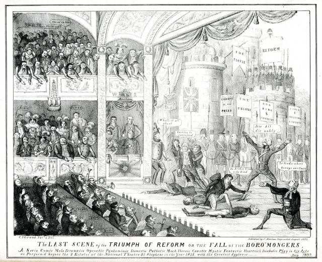 Eine Schwarz-Weiß-Zeichnung einer vollen TheaterSzene mit Menschen, die stehen, sitzen und auf dem Boden liegen, und einer Person auf der rechten Seite, die ein Schild hält, auf dem "Die letzte Szene des Triumphs der Reform oder der Fall der Boro Mongers" steht.