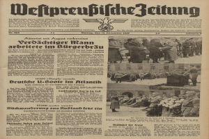 Schwarze Titelseite einer deutschen Zeitung vom 13. November 1939 mit der Schlagzeile "Weitpreubliche Zeitung" und einem Foto von Menschen in traditioneller deutscher Tracht in einer feierlichen Umgebung.