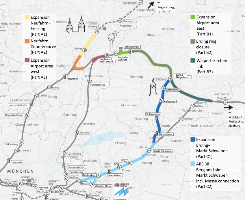 Eine detaillierte Karte einer Stadt mit einer hervorgehobenen Bahnroute von München nach Frankfurt, einschließlich Haltepunkte, Umgebung und zusätzlicher Bahninformationen.