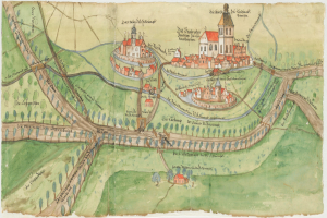 Eine Stadtkarte mit einem Schloss in der Mitte, umgeben von Gebäuden, Bäumen, Straßen und Gras, mit zusätzlichem Text, der Details zur Stadt liefert.