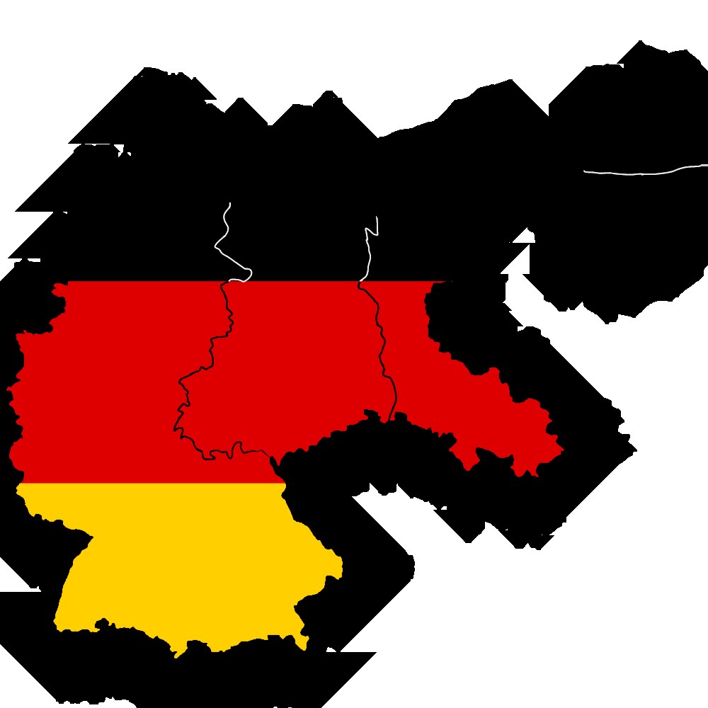 Karte von Deutschland mit horizontalen Streifen aus rot, gelb und schwarz auf einem weißen Hintergrund.