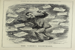 Ein Mann in Anzug und Krawatte hält ein Schild mit der Aufschrift "Der Wähleralbtraum" und hat einen entschlossenen Gesichtsausdruck.