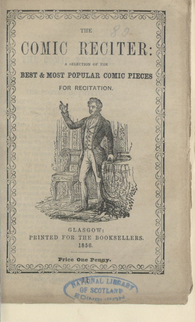 Altes Buch mit dem Titel "The Comic Reciter: A Selection of the Best and Most Popular Comic Pieces for Recitation" mit einer Zeichnung eines Mannes in einem Anzug, der auf einem Stuhl sitzt und einen ernsten Gesichtsausdruck hat.