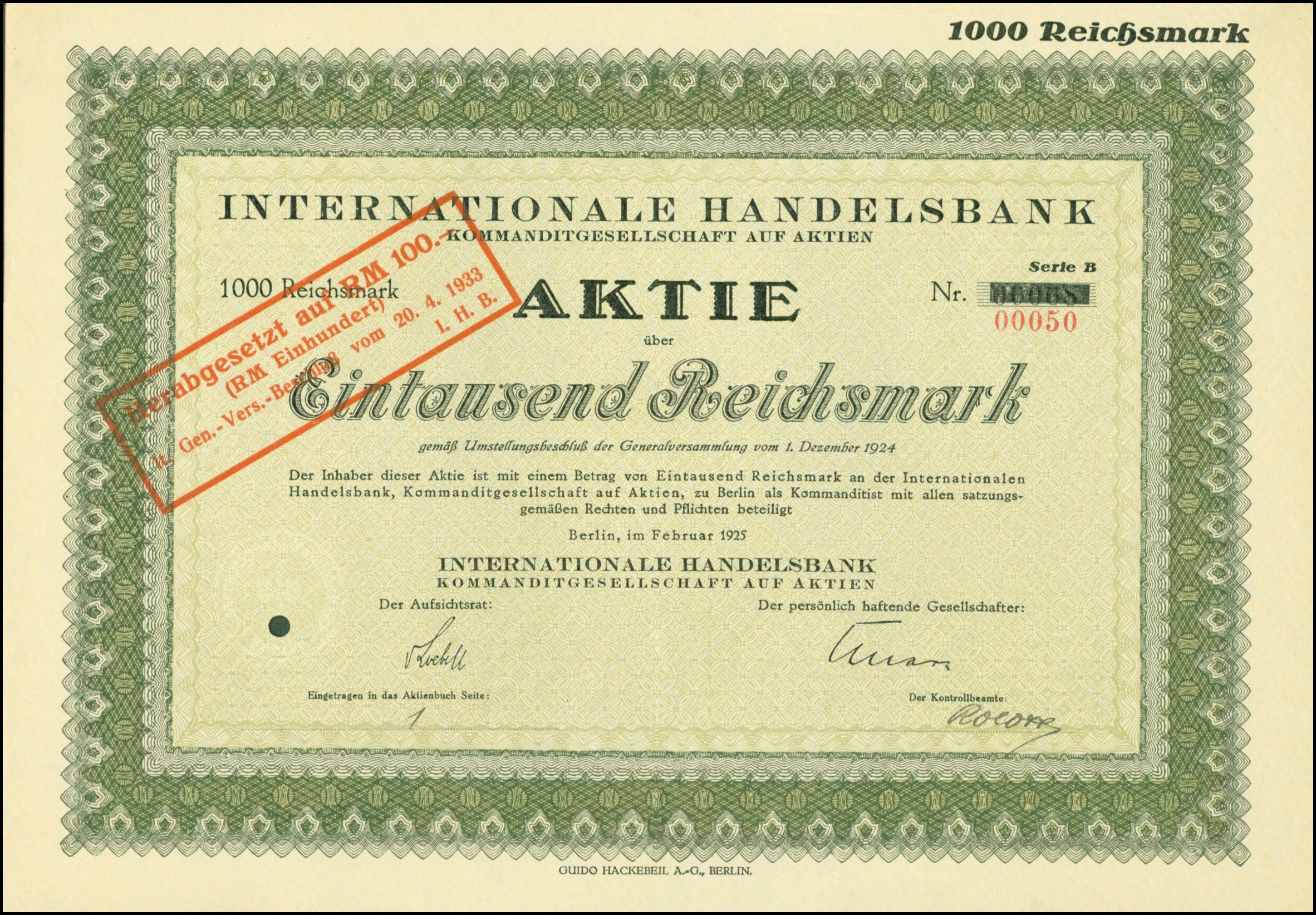 Internationales Aktienzertifikat mit rotem Stempel und Aufdruck