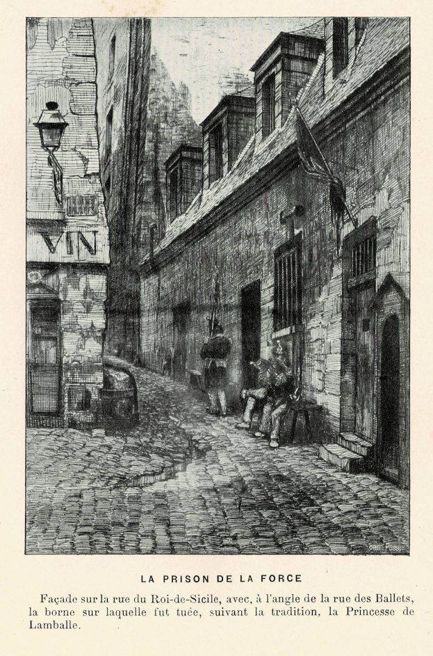 Eine Schwarz-Weiß-Zeichnung einer Straßenszene mit Gebäuden, Straßenlaternen, Menschen und Text unten mit der Aufschrift "La Prison de la Force".