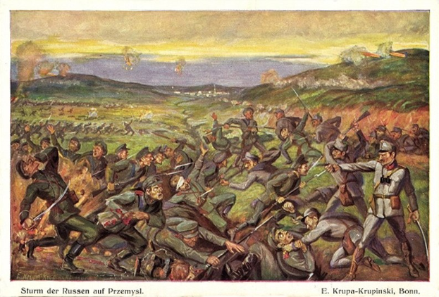 Gemälde, das eine Schlachtenszene mit Soldaten in Militäruniformen zeigt, einige halten Gewehre, mit dem Text "Sturm der Russen auf Przemysl" unten.