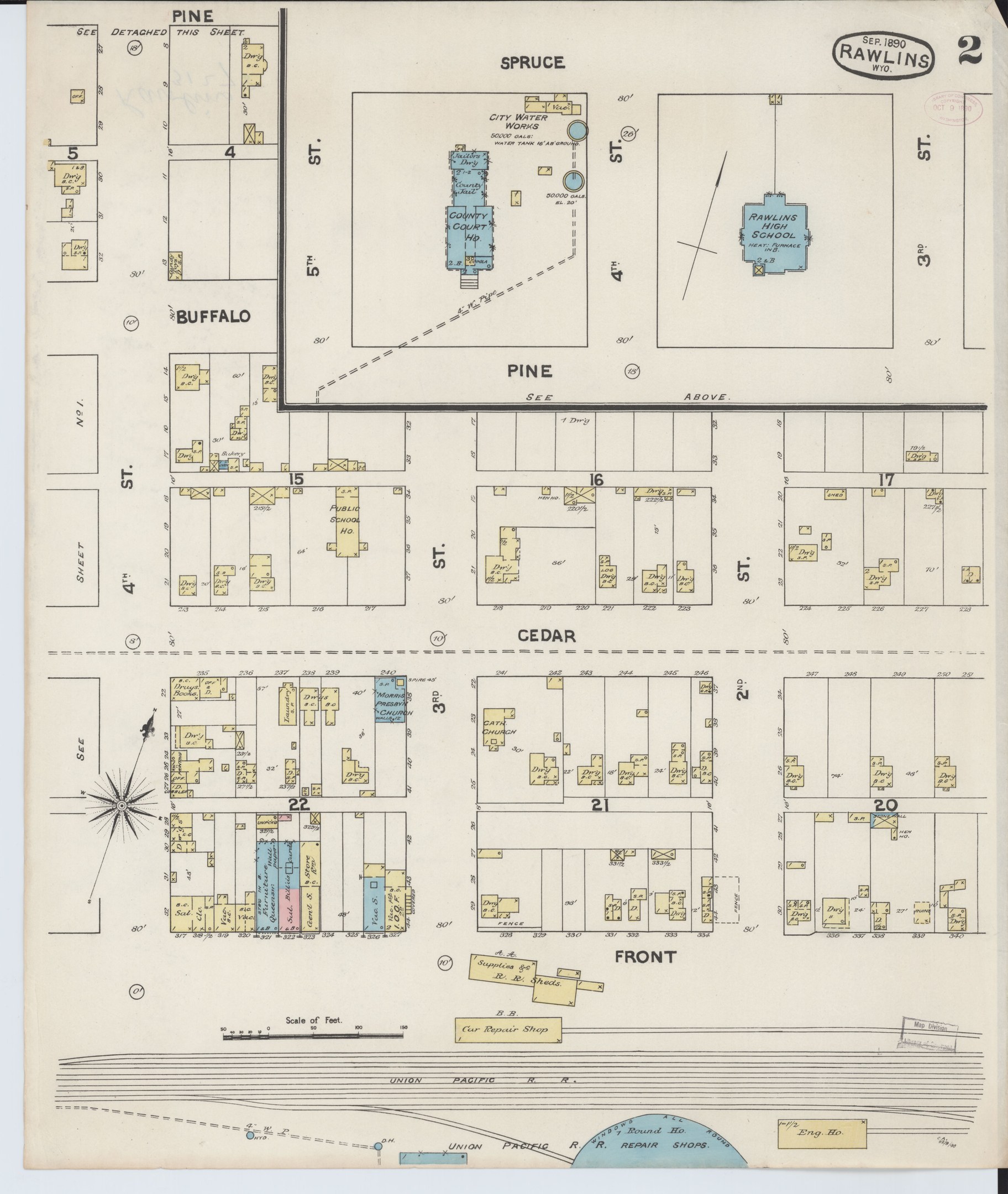 Schwarze und weiße Karte von San Francisco, Kalifornien, die das Rawlins-Schulbezirk in der Mitte hervorhebt, auf Papier gedruckt mit Text, der das Layout des Schulbezirks beschreibt.
