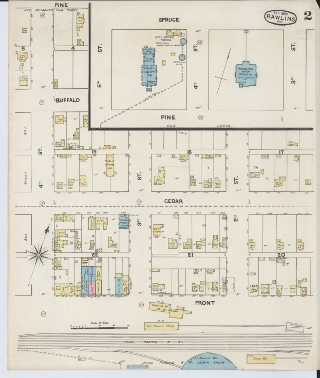 Schwarze und weiße Karte von San Francisco, Kalifornien, die das Rawlins-Schulbezirk in der Mitte hervorhebt, auf Papier gedruckt mit Text, der das Layout des Schulbezirks beschreibt.