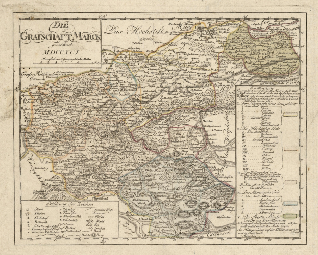 Ein detaillierter alter Stadtplan von München, Deutschland, mit Straßen, Parks und Sehenswürdigkeiten, der mit detaillierten Straßen, Flüssen und Bergen gefüllt ist und von einem dekorativen Rand in Blau-, Grün- und Gelbtönen umgeben ist.