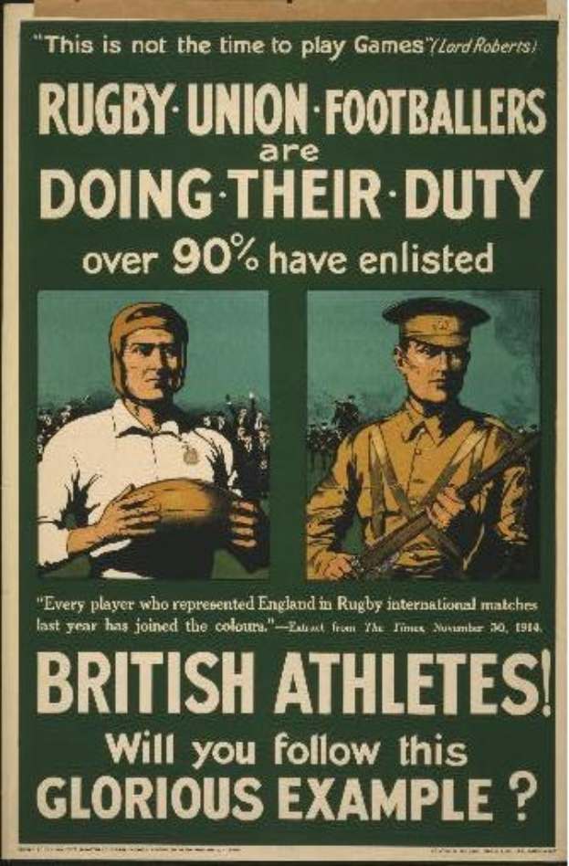 Plakat mit zwei Rugbyspielern in Uniform, Text gibt an, dass über 90% der britischen Athleten für den Dienst eingezogen wurden.