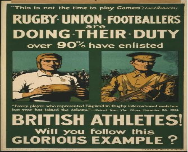 Plakat mit zwei Rugbyspielern in Uniform, Text gibt an, dass über 90% der britischen Athleten für den Dienst eingezogen wurden.