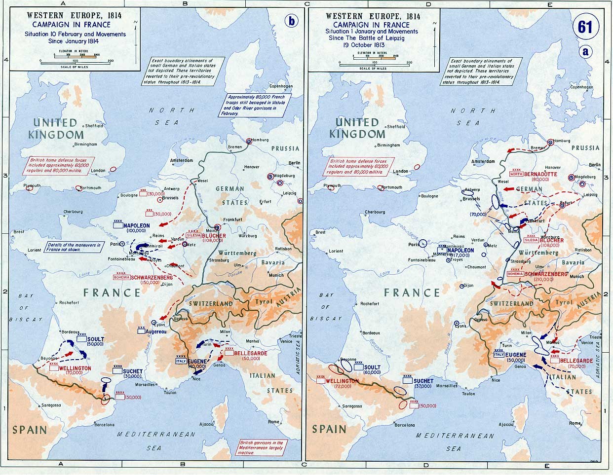 Eine historische Posterkarte von Europa während der Schlacht von Leipzig, unterteilt in Abschnitte für Europa und Frankreich, mit nummerierten Regionen und beschrifteten geografischen Merkmalen.
