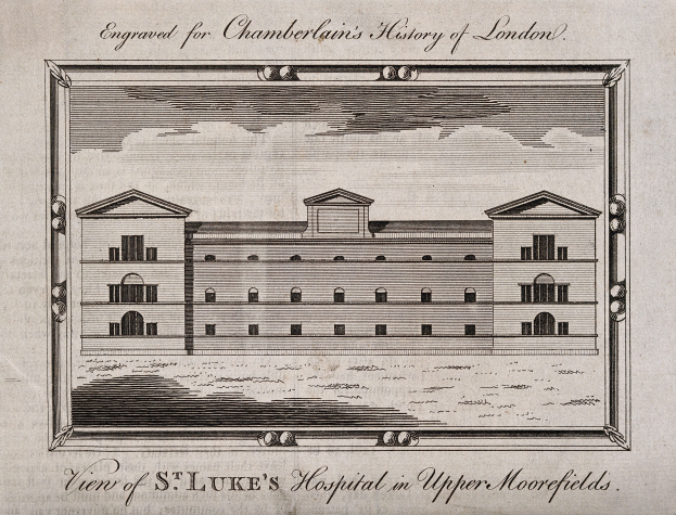 Eine Zeichnung des St. Luke's Hospital in Upper Moorefields, umgeben von einem Bilderrahmen, mit Text und Zahlen auf dem Papier.