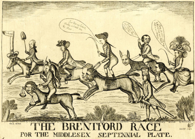 Plakat, das ein Pferderennen mit Reitern in einer ländlichen Umgebung zeigt, Pflanzen im Hintergrund und Text unten.