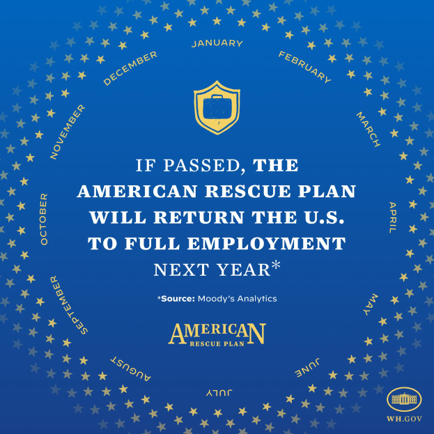 Ein blaues Plakat mit Text und einem Logo, das 'Wenn verabschiedet, wird das American Rescue Plan die USA im nächsten Jahr wieder zur Vollbeschäftigung führen'.