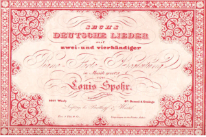 Ein altes deutsches Aktienzertifikat mit rotem Rand und weißem Hintergrund, auf dem der Text "Louis Spohr - Zweites Deutsches Lieder" steht.