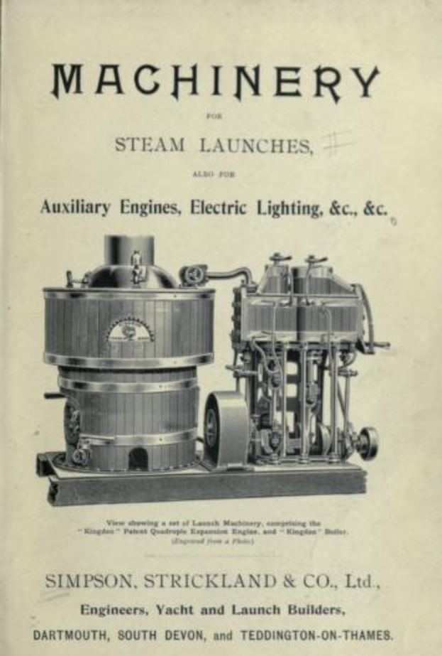 Ein altes Buch mit einer detaillierten Illustration einer Dampfmaschine, beschriftet mit "Maschinen für Dampfschiffe, auch für Hilfsmaschinen, Elektrobeleuchtung & C".