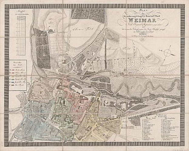 Ein detaillierter historischer Stadtplan von Weimar, Deutschland, der Straßen, Gebäude und Sehenswürdigkeiten zeigt und begleitenden Text über die Bevölkerung und Merkmale der Stadt enthält.