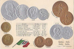 Eine Sammlung italienischer Münzen von 1877-1910, darunter mehrere 20 Lire Münzen, angeordnet in einer Reihe mit Text und Porträts auf einem Papier mit zwei Flaggen, darunter die italienische Flagge.