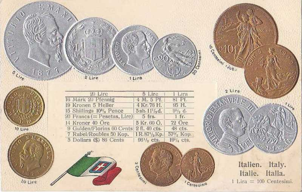 Eine Sammlung italienischer Münzen von 1877-1910, darunter mehrere 20 Lire Münzen, angeordnet in einer Reihe mit Text und Porträts auf einem Papier mit zwei Flaggen, darunter die italienische Flagge.