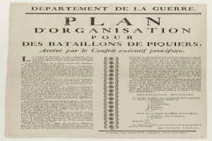 Dokument mit dem Titel "Plan d'Organisation pour des Batailons de Piquiers, Arreté par le Conseil Executif Provifoire", das die Organisation für die Schlacht von Piquiers beschreibt.