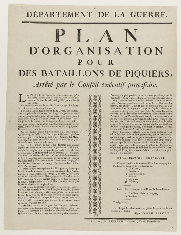 Dokument mit dem Titel "Plan d'Organisation pour des Batailons de Piquiers, Arreté par le Conseil Executif Provifoire", das die Organisation für die Schlacht von Piquiers beschreibt.