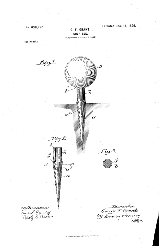 Eine Patentzeichnung eines Golftees mit einem daran befestigten Ball, dargestellt auf einem Blatt Papier mit Text.