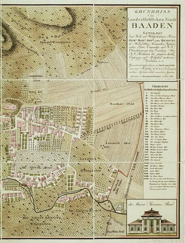 Ein detaillierter alter Stadtplan von Baden-Württemberg, Deutschland, der Straßen, Gebäude und Sehenswürdigkeiten zeigt, mit einem Gebäude in der rechten unteren Ecke und Text, der zusätzliche Stadtinformationen bereitstellt.