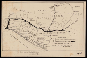 Ein altes Mexico-Karte mit schwarzem Rand, das den Weg der Mexikanischen Revolution zeigt, gefüllt mit detailliertem Text.