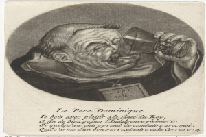 Alter Mann mit kurzen dunklen Haaren, ernster Miene und geschlossenen Augen, der aus einem Glas trinkt, das er in seiner rechten Hand hält.