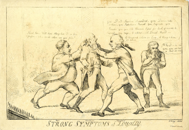 Ein Blatt Papier mit einer Zeichnung von drei kämpfenden Männern, einer in der Mitte mit geballten Fäusten und einem entschlossenen Gesichtsausdruck, begleitet von der fett gedruckten Textzeile "starke Symptome von Loyalität".